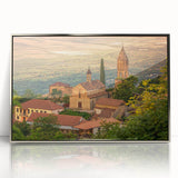 Mid-century modernist art depicting an Asian landscape in muted earth tones on a framed acrylic print.