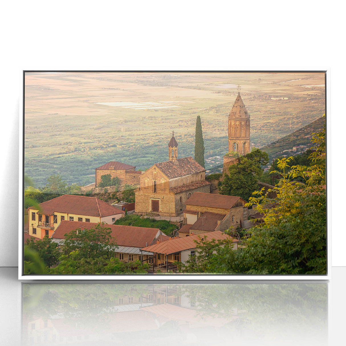 Art Deco poster of Georgia scenery in muted colors on a white acrylic frame, suitable for modern nursery wall decor.