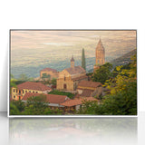 Art Deco poster of Georgia scenery in muted colors on a white acrylic frame, suitable for modern nursery wall decor.