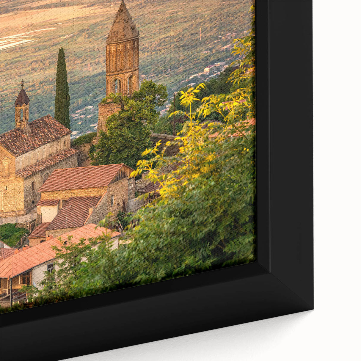 Extra large framed canvas featuring a textured, colorful abstract design with dominant black tones.