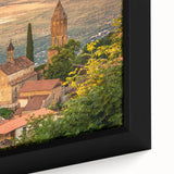 Extra large framed canvas featuring a textured, colorful abstract design with dominant black tones.