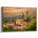 Framed canvas featuring a vintage-style landscape painting of the Georgian countryside, ideal for bedroom wall art.