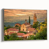 Framed canvas featuring a vintage-style landscape painting of a Georgian scenery in muted earth tones.