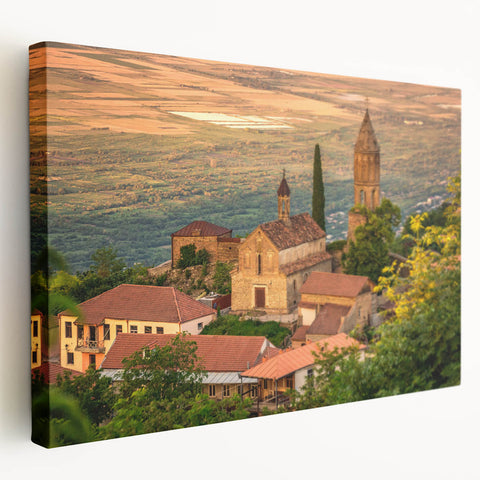 Large canvas print of a scenic Georgian landscape in muted earth tones, suitable for kitchen wall art.