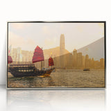 Mid-century modernist Hong Kong skyline in muted silver and gray tones on a framed acrylic, ideal for modern art wall decor.