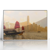 Framed acrylic print of Hong Kong skyline in art deco style with monochrome tones, ideal for modern art wall decor.