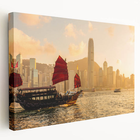 Hong Kong cityscape on large stretched canvas, featuring neon-lit skyscrapers and vibrant twilight hues.