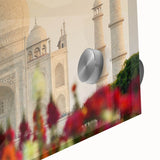 Large abstract wall art depicting a mid-century modernist Indian scenery in vibrant hues on acrylic glass.