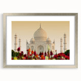 Textured abstract art print depicting a serene Indian landscape in muted earth tones, framed in silver.