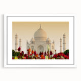 Abstract art print of an Indian landscape in muted earth tones, framed with a white mat, suitable for dining room decor.