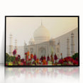 Large abstract wall art featuring a stylized Indian landscape in vibrant orange and red tones, framed in black acrylic.