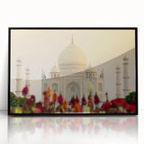 Large abstract wall art featuring a stylized Indian landscape in vibrant orange and red tones, framed in black acrylic.