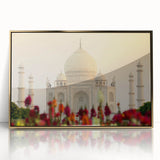 Framed acrylic print of a mid-century modernist Indian scenery in gold and earth tones, suitable for modern art wall decor.