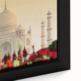 Extra large framed canvas featuring a textured depiction of an Indian scenery in black with vibrant color accents.