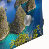 Large abstract wall art of Indonesian scenery in muted earth tones on acrylic glass, suitable for dining room decor.