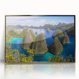 Framed acrylic print of an Indonesian landscape in gold and green tones.