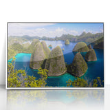 Modern art wall decor featuring an abstract Indonesian landscape in pastel shades on a framed acrylic.