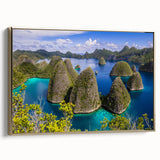 Framed canvas depicting a serene Indonesian landscape in muted gold and black tones, suitable for bedroom wall art.