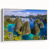 Vintage poster art of an Indonesian landscape in vibrant colors on a framed canvas, ideal for living room decor.