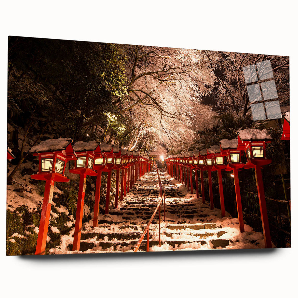 Large abstract wall art of a Kyoto scenery in muted earth tones on acrylic glass, ideal for bedroom or dining room decor.