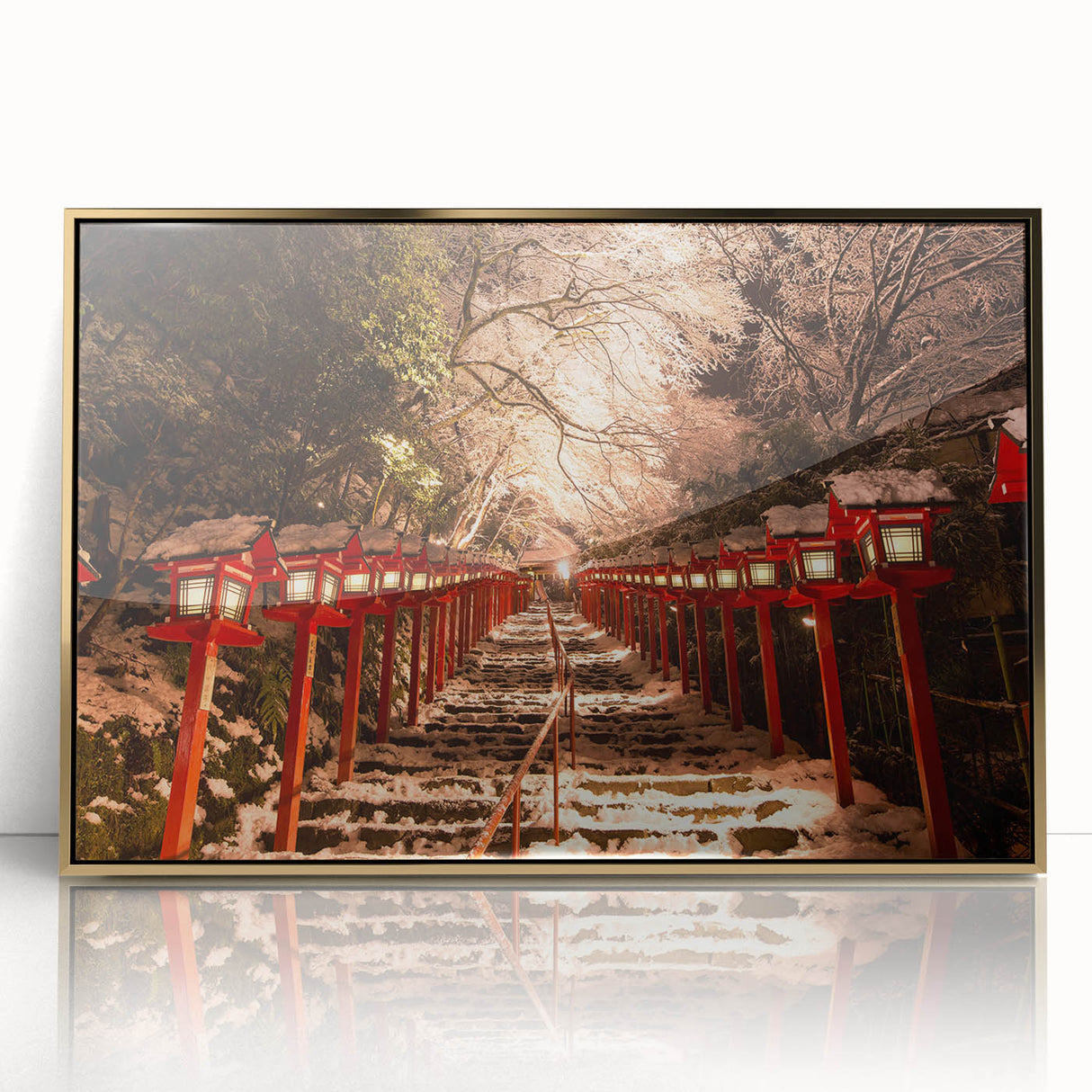 Mid-century modernist Kyoto scenery in muted gold and green hues on a framed acrylic, ideal for modern art wall decor.