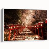 Vintage poster art of a Kyoto scenery on framed canvas, featuring vibrant colors against a black background.