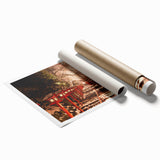 Extra large rolled print depicting a serene Kyoto garden scene in muted greens and browns.