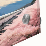 Large abstract depiction of Mount Fuji in muted blue and gray on acrylic glass, ideal for dining room art.