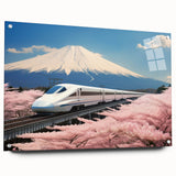 Acrylic print of Mount Fuji with soft blues and whites, suitable for bedroom or dining room decor.