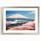 Textured art print of Mount Fuji with abstract elements in cool blue tones, framed in silver, ideal for bedroom art.