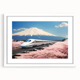 Abstract art print of Mount Fuji in muted blues and greens on a framed white mat, ideal for dining room decor.