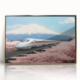 Mid-century modernist art of Mount Fuji in pastel shades on a framed acrylic, ideal for modern art wall decor.