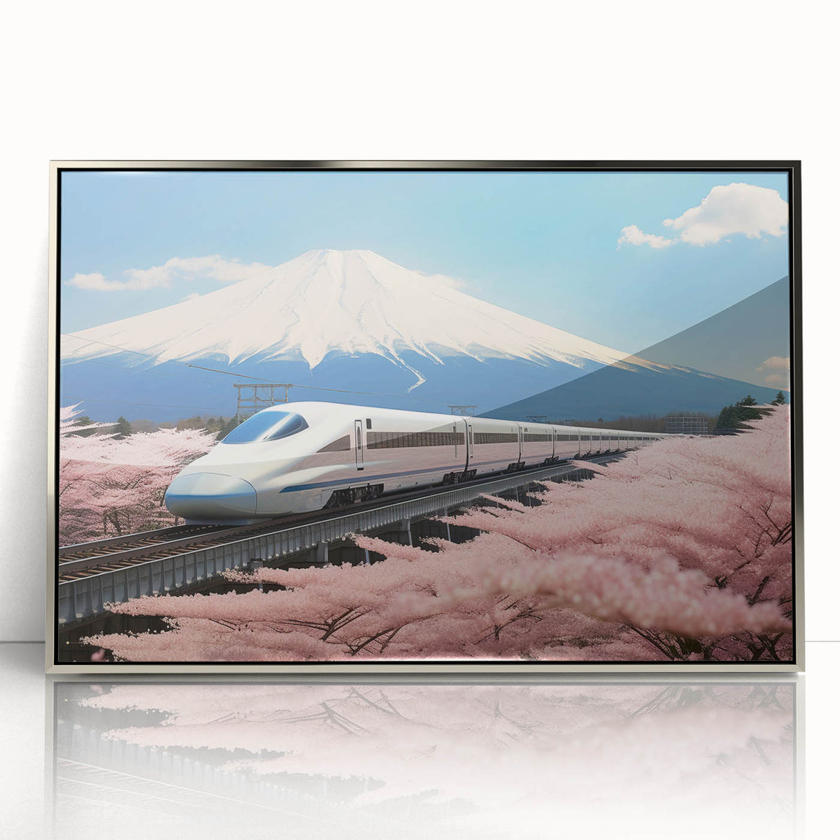 Mid-century modernist art depicting Mount Fuji in muted gray and blue tones on a framed acrylic print.