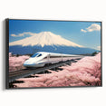 Black and white wall art of Mount Fuji with vintage poster style on framed canvas, ideal for bedroom decor.