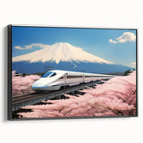 Black and white wall art of Mount Fuji with vintage poster style on framed canvas, ideal for bedroom decor.