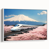 Vintage poster art of Mount Fuji with colorful palette on extra large framed canvas, ideal for living room decor.