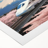 Art deco poster of Mount Fuji with muted blue and gray tones on rolled canvas, suitable for dining room decor.