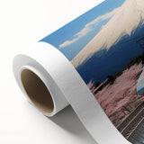 Art deco poster of Mount Fuji in pastel shades on rolled canvas, suitable for nursery wall art or dining room decor.