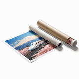 Extra large wall art featuring Mount Fuji with cherry blossoms in soft pink tones on rolled canvas.