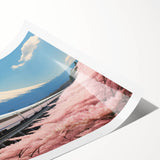 Extra large wall art featuring a line art depiction of Mount Fuji with floral accents in soft pastel colors.