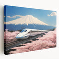 Mount Fuji depicted in vibrant blues and greens on a large stretched canvas, suitable for kitchen wall art.