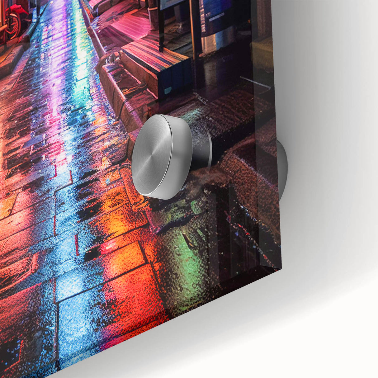 Large abstract depiction of Tokyo with vibrant colors on acrylic glass, ideal for dining room art.