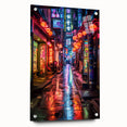 Large abstract depiction of Tokyo skyline in muted gray and blue tones on acrylic glass.