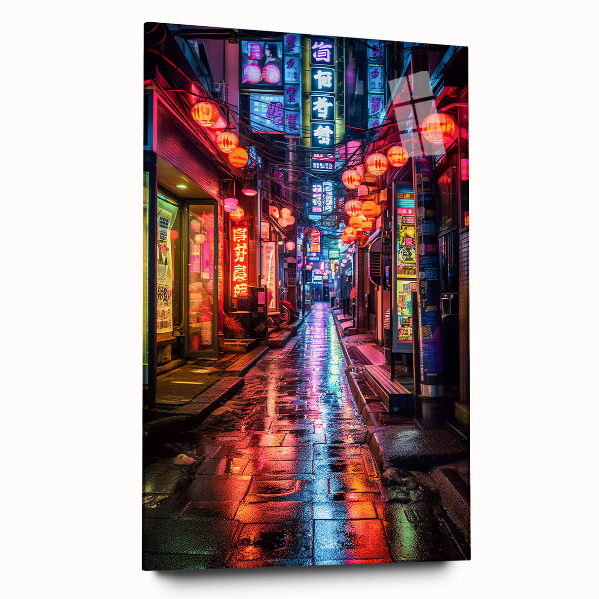 Large abstract depiction of Tokyo skyline in muted gray and blue tones on acrylic glass.