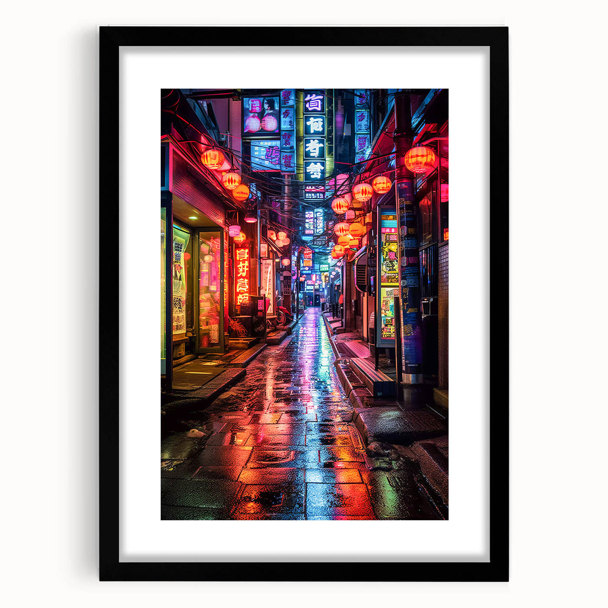 Abstract art print featuring a colorful, textured depiction of Tokyo's skyline on a large framed canvas.
