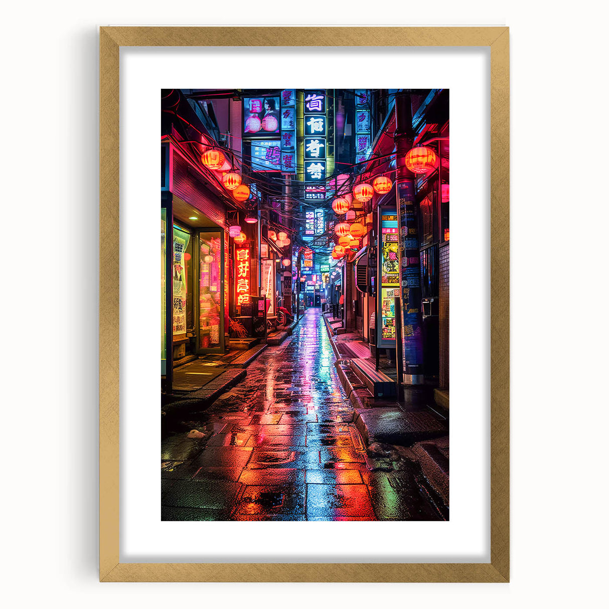 Extra large abstract art print of Tokyo skyline in textured gold frame, ideal for living room decor.