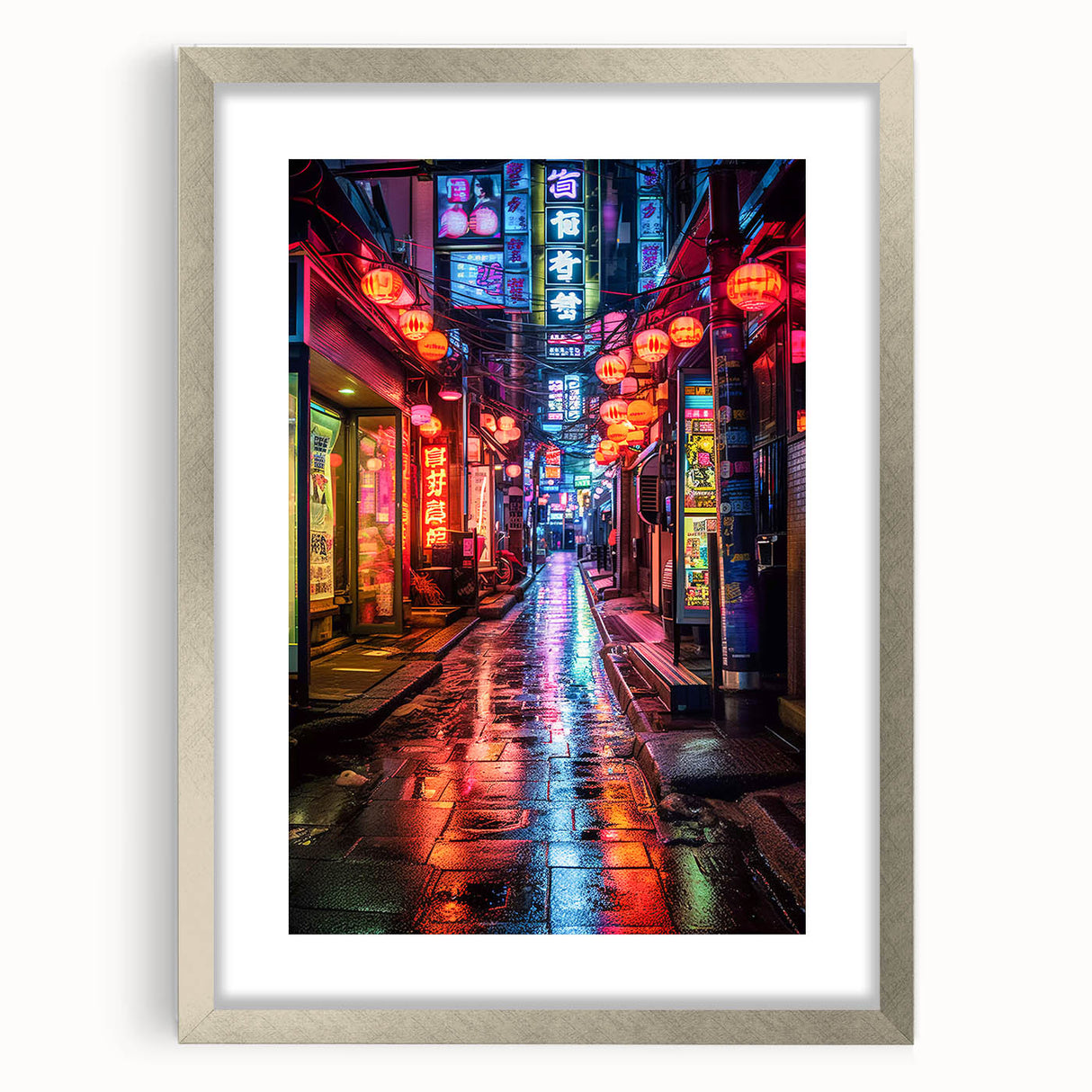 Textured abstract art print of Tokyo skyline in muted silver and gray tones, framed with a silver mat, ideal for bedroom art.