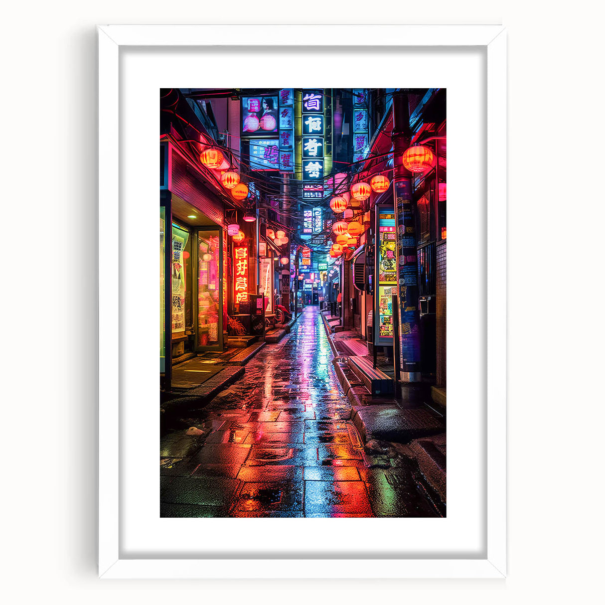Abstract art print of Tokyo skyline in muted gray and blue tones on a framed white mat, ideal for dining room decor.