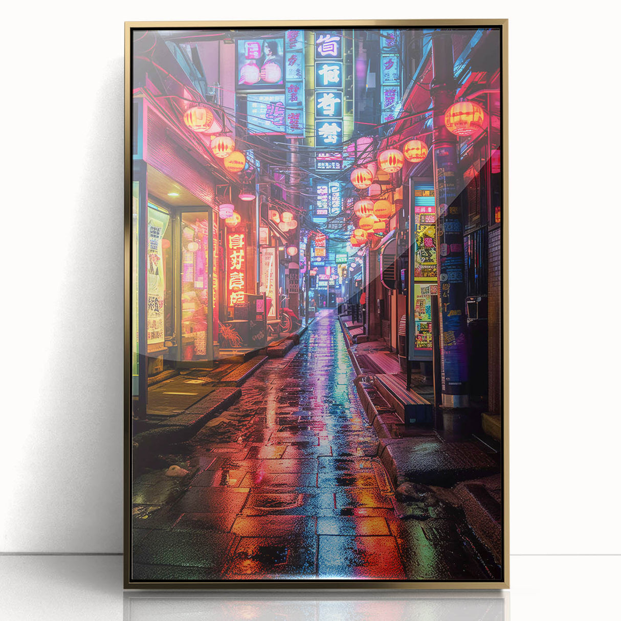 Framed acrylic print of Tokyo scenery with gold accents in mid-century modernist style, suited for modern art wall decor.