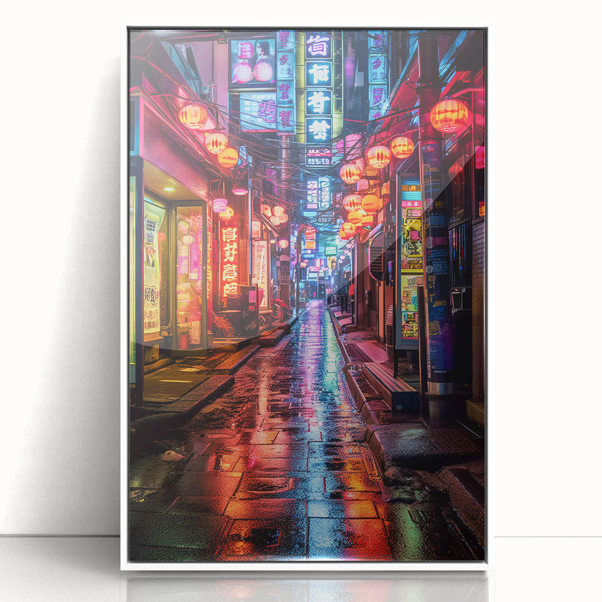 Art deco poster of Tokyo skyline in muted gray and blue tones on a framed acrylic, ideal for modern art wall decor.